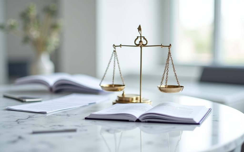Bilancia della giustizia e documenti legali su una scrivania moderna